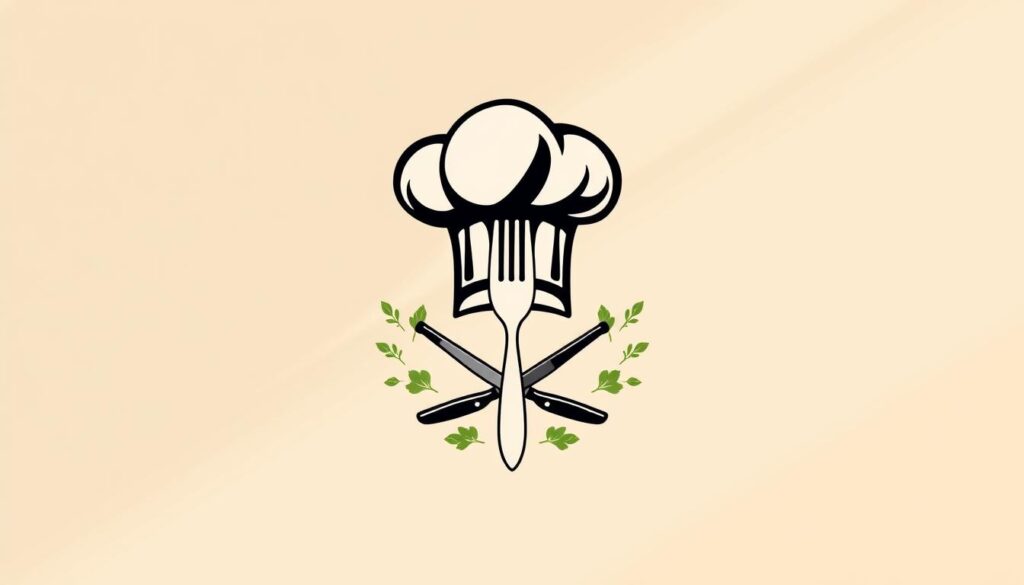 A modern chef logo design featuring a stylized chef’s hat integrated with a knife and fork, centered in the foreground. The hat should be fluffy and exaggerated, creating a playful yet professional vibe. In the middle ground, include culinary elements like fresh herbs or vegetables delicately surrounding the logo, enhancing the theme of gastronomy. The background should be a soft, muted gradient, perhaps light beige to evoke a clean kitchen atmosphere. Use bright, natural lighting to illuminate the logo, casting gentle shadows that add depth. Capture the image at a slight angle to create a dynamic feel. The overall mood should convey creativity and professionalism, making it suitable for a branding project focused on chefs.
