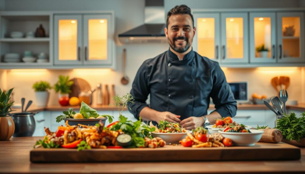 A professional personal chef standing confidently in a modern kitchen, surrounded by fresh ingredients and cooking tools, conveying a sense of warmth and professionalism. In the foreground, a beautifully arranged platter of colorful, gourmet dishes highlights the chef's culinary artistry. The middle ground features a sleek wooden table with neatly arranged spices, herbs, and cooking utensils, suggesting a story of passion and creativity. The background displays bright, inviting kitchen cabinets, softly illuminated by warm, natural lighting that creates a cozy and engaging atmosphere. A shallow depth of field adds focus to the chef and the vibrant food scene, emphasizing the narrative of a personal chef building a brand through storytelling, showcasing their unique culinary journey.