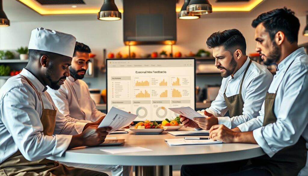 A vibrant and dynamic scene depicting a group of chefs at a round table, deeply engaged in post-event feedback analysis. In the foreground, a diverse team of three chefs, dressed in professional white uniforms and aprons, are flipping through feedback forms and discussing insights earnestly. In the middle, an organized display of feedback charts and graphs on a screen, showcasing enthusiasts’ comments and ratings about a recent seasonal menu event. The background features a well-lit, modern kitchen adorned with fresh ingredients and cooking utensils, hinting at the creative atmosphere. Soft, warm lighting creates an inviting ambiance, emphasizing collaboration and problem-solving, while a slightly tilted angle captures the chefs’ expressions of determination and enthusiasm. The overall mood is focused yet positive, showcasing the importance of feedback in culinary excellence.